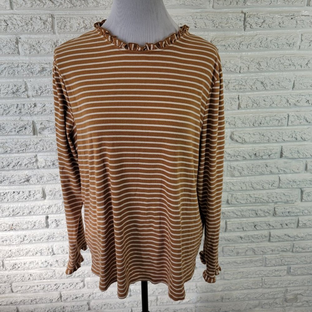 Croft Barrow Womens Top 2X Plus Tan Stripe Frilly Neck Back Keyhole STR18E‎